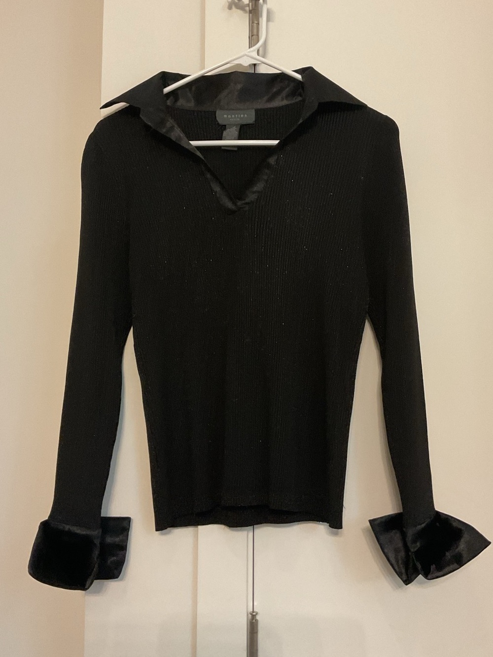 Vintage Mantles Petite Shimmering Deep Black Polo Knit Top with Satin Trim .